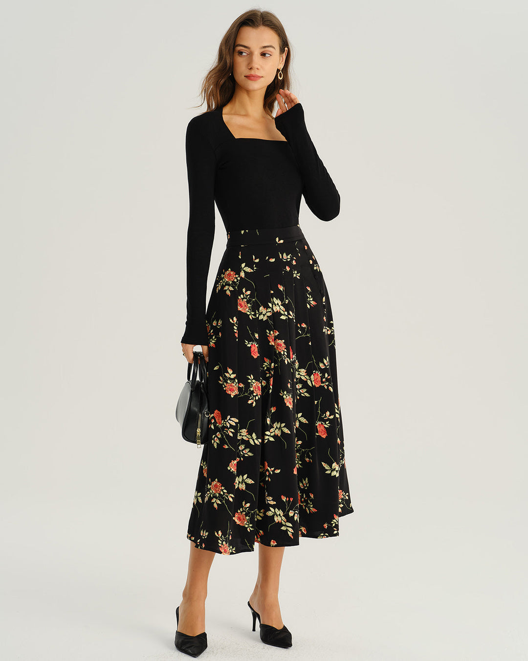SALE | Black Floral A-Line Midi Skirt