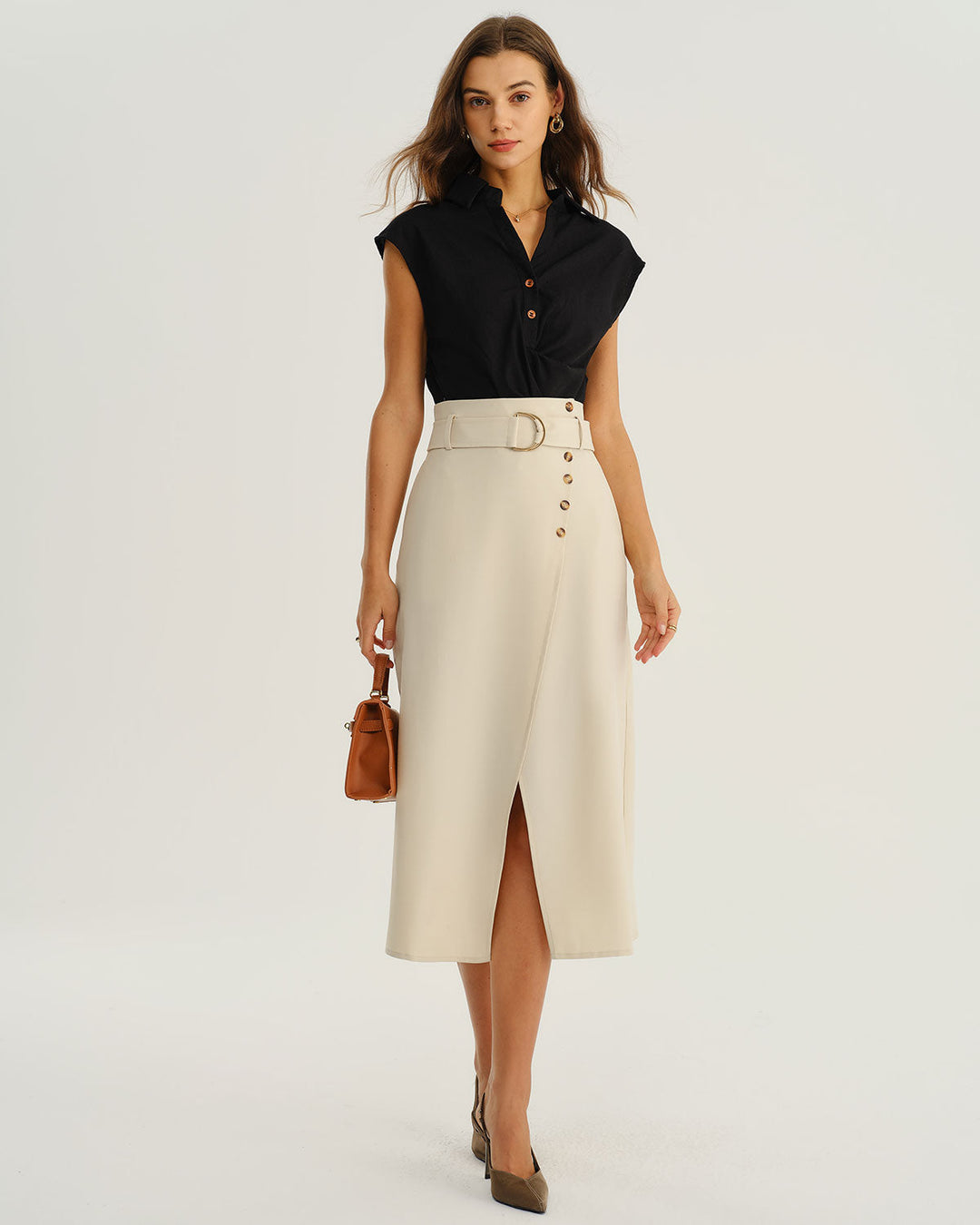 SALE | Beige Wrap Belted Midi Skirt