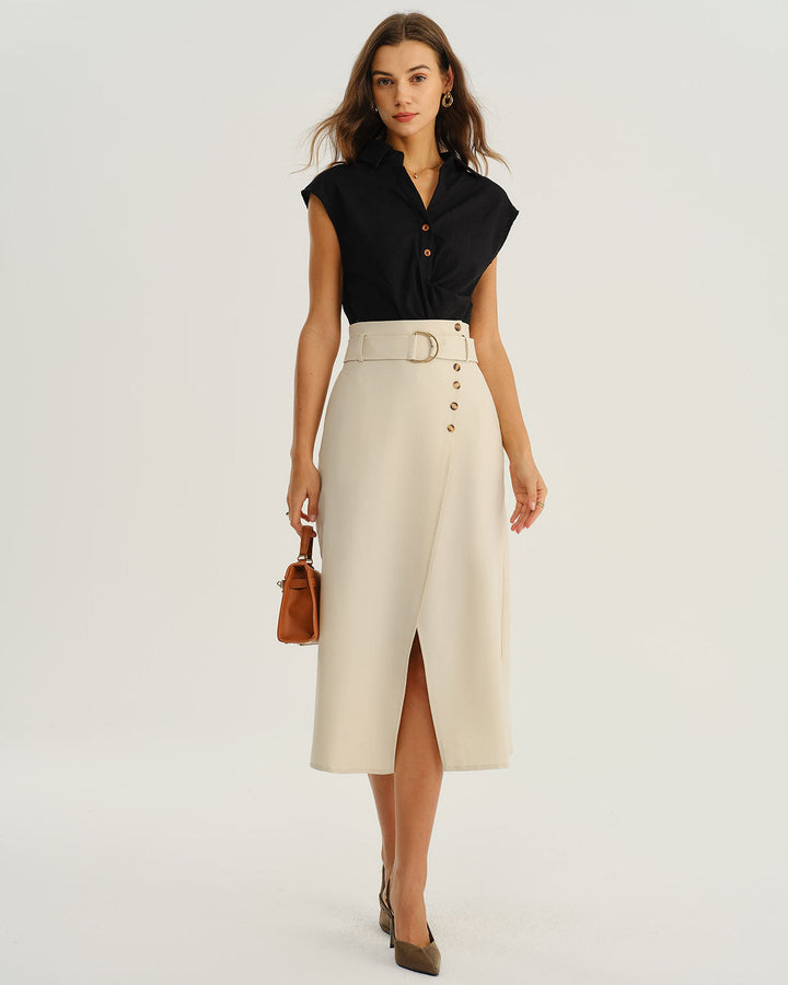 SALE | Beige Wrap Belted Midi Skirt