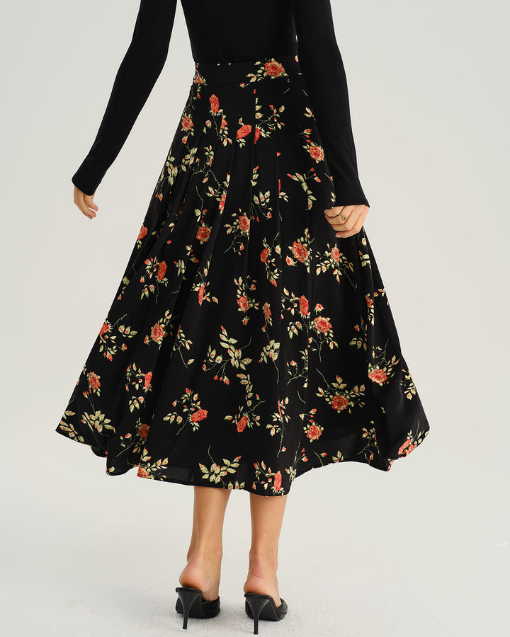 SALE | Black Floral A-Line Midi Skirt