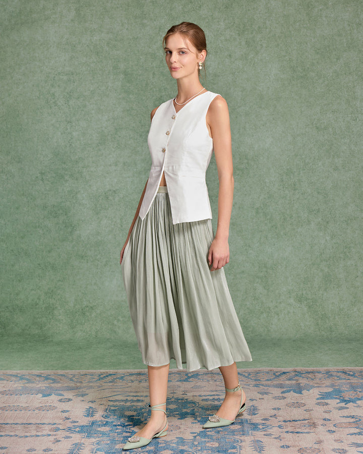 SALE | Green Flowy Pleated Midi Skirt