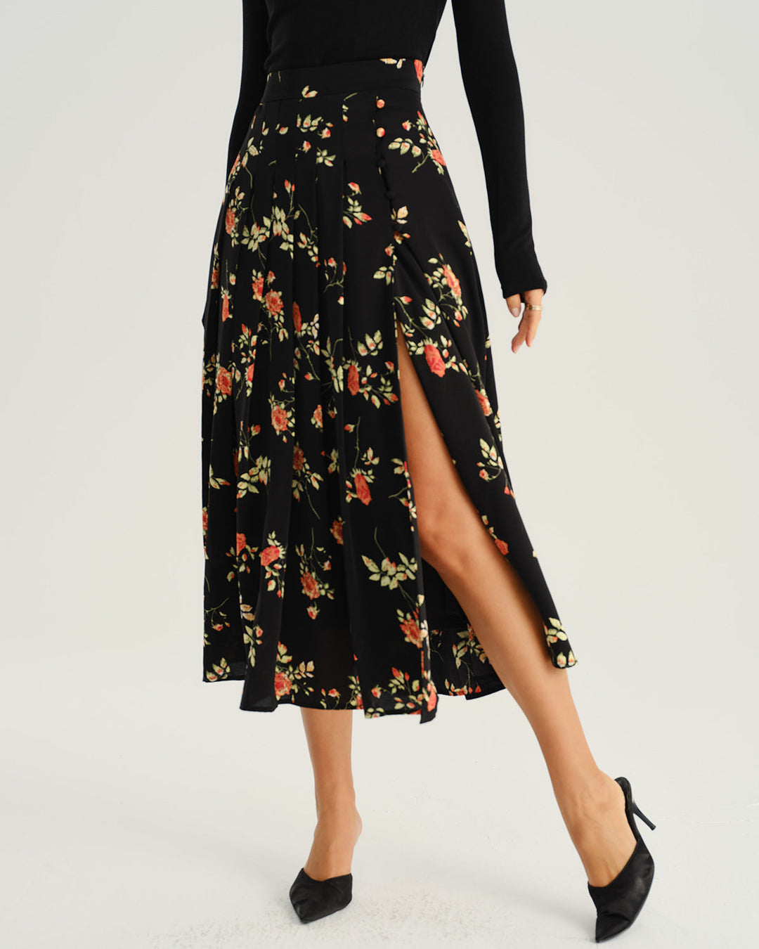 SALE | Black Floral A-Line Midi Skirt
