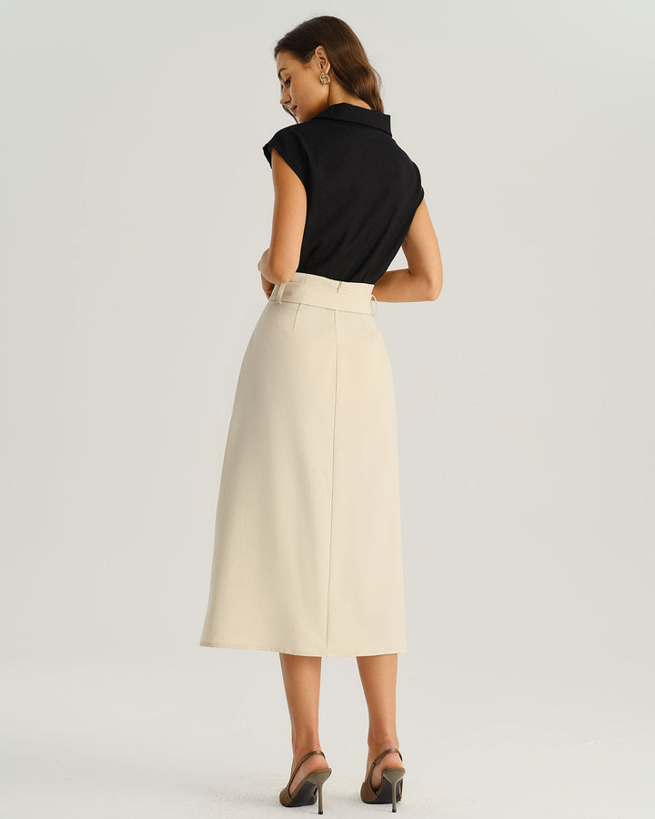 SALE | Beige Wrap Belted Midi Skirt