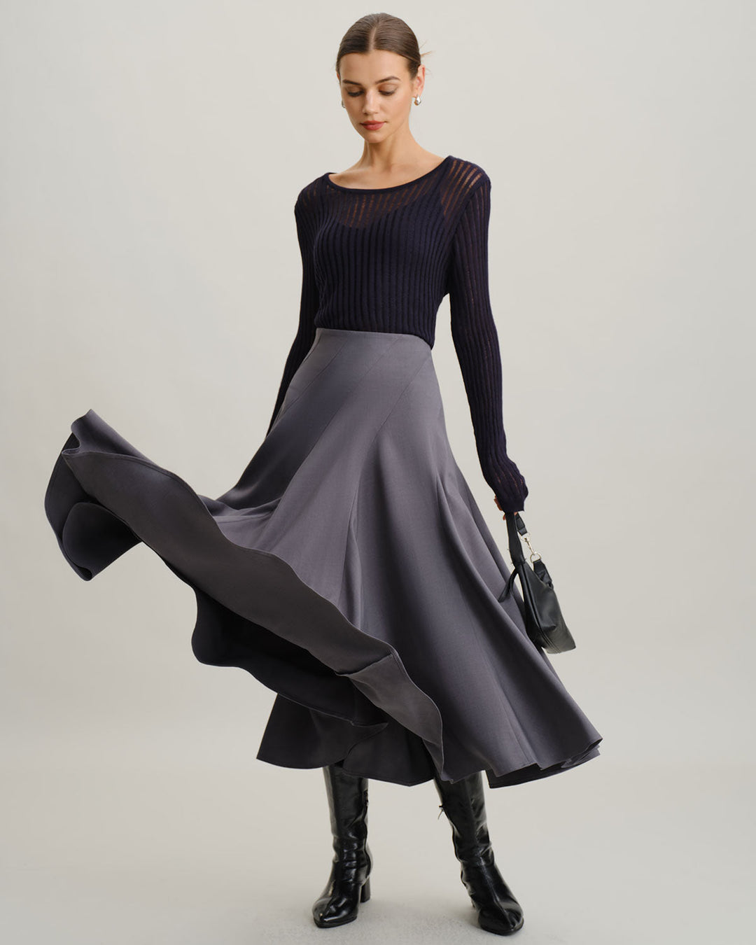 SALE | Elegant high-waisted gray midi pleated skirt