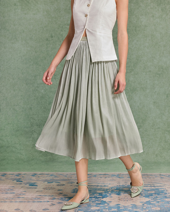 SALE | Green Flowy Pleated Midi Skirt