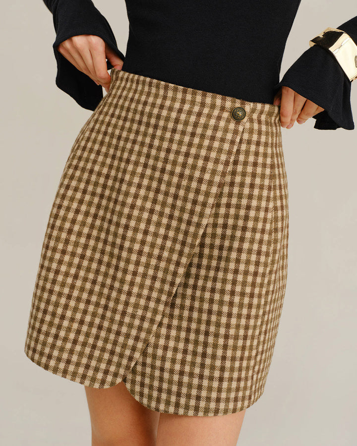SALE | Khaki Plaid Wrap Mini Skirt