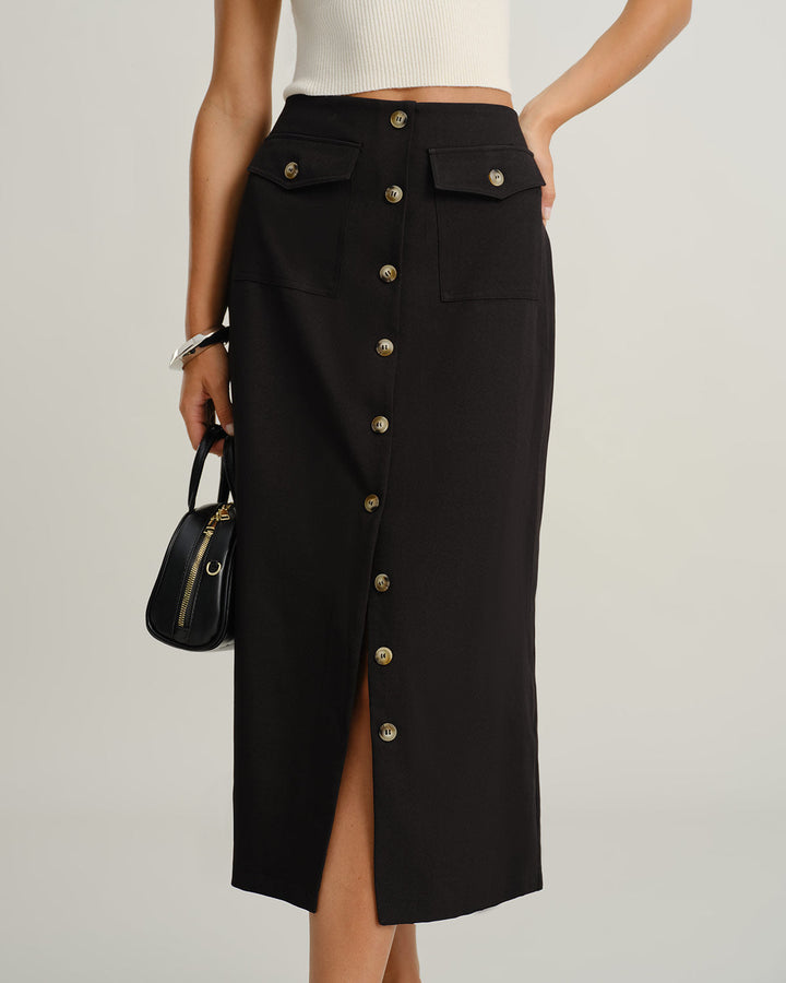 SALE | Midi skirt made of natural fabric with a belt and slit, black