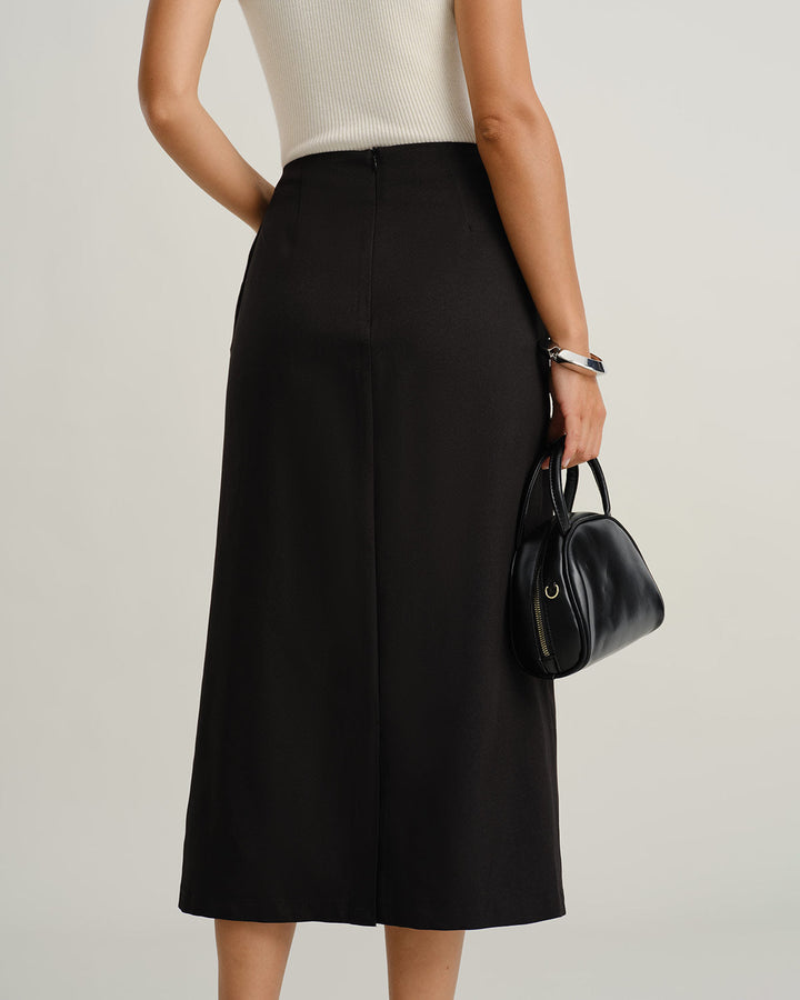SALE | Midi skirt made of natural fabric with a belt and slit, black