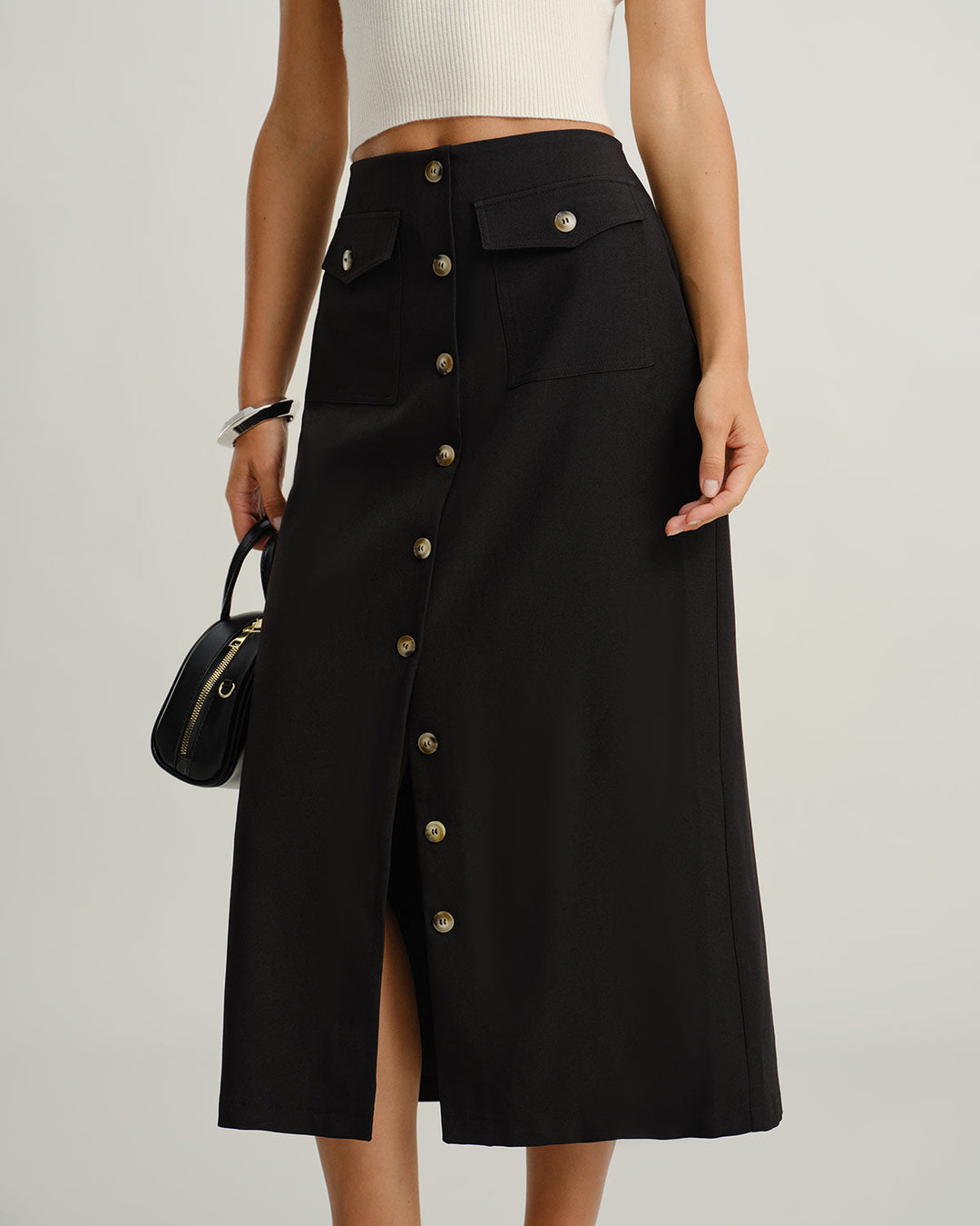 SALE | Midi skirt made of natural fabric with a belt and slit, black