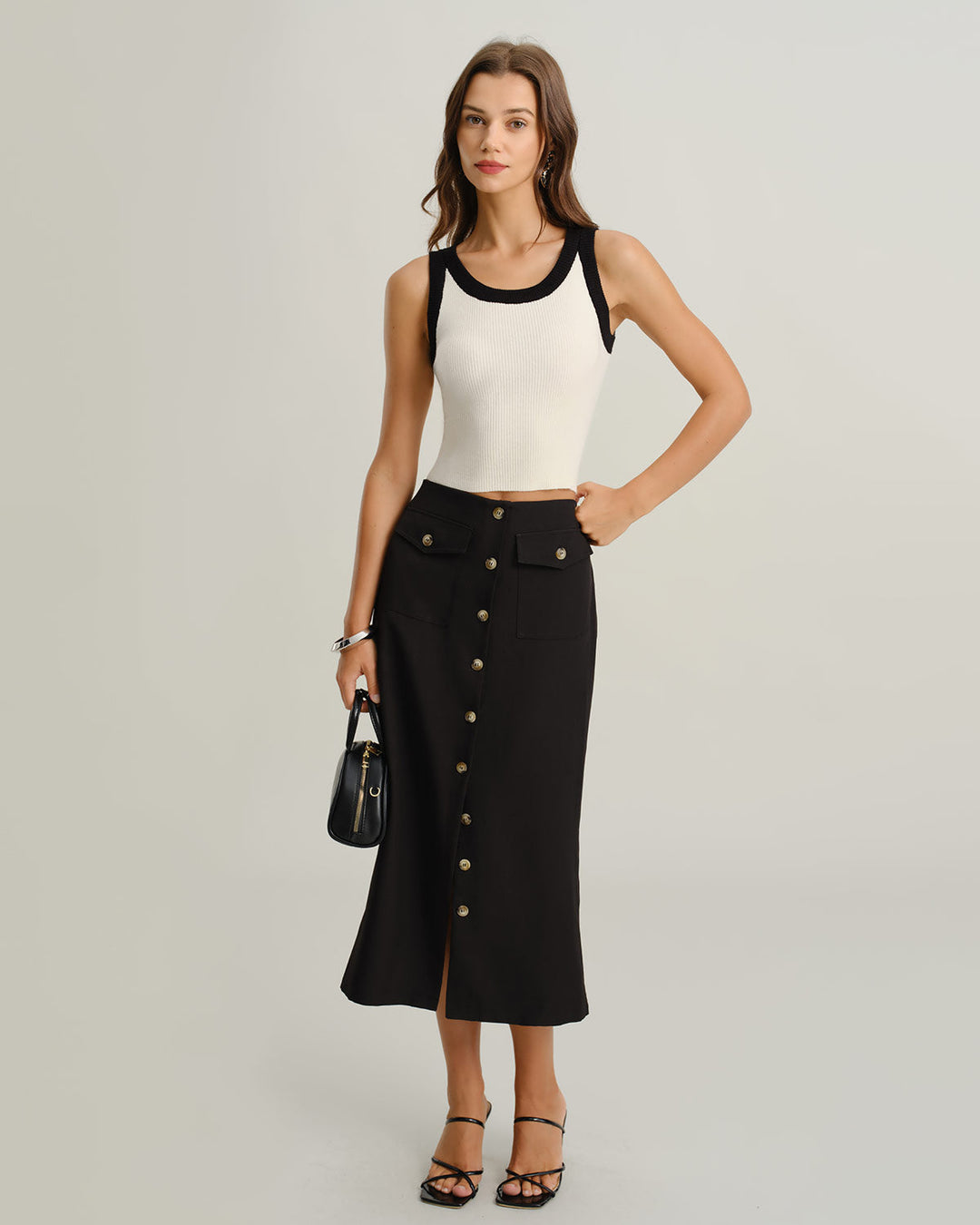 SALE | Midi skirt made of natural fabric with a belt and slit, black