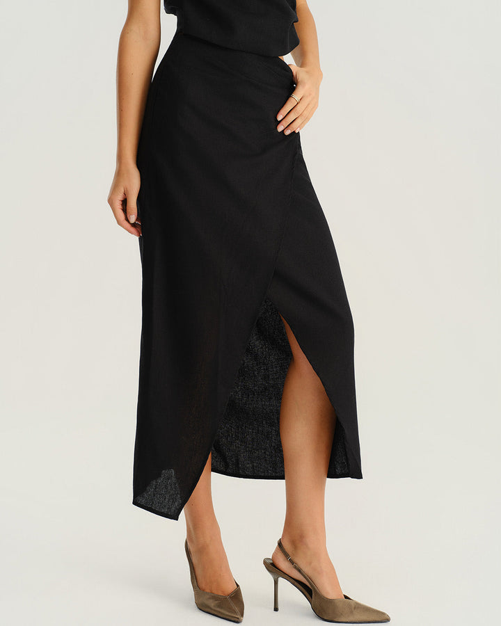 SALE | Black Natural Waisted Slit Midi Skirt