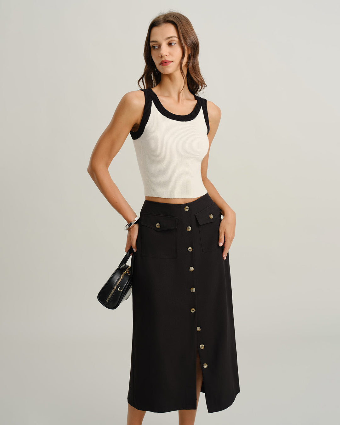 SALE | Midi skirt made of natural fabric with a belt and slit, black