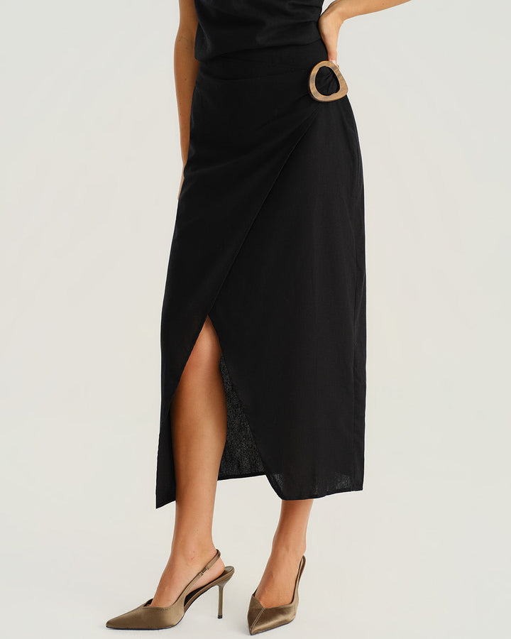 SALE | Black Natural Waisted Slit Midi Skirt