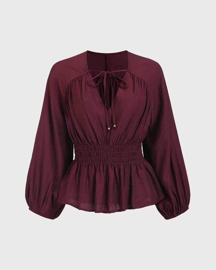 SALE | Wine Red V Neck Shirred Blouse