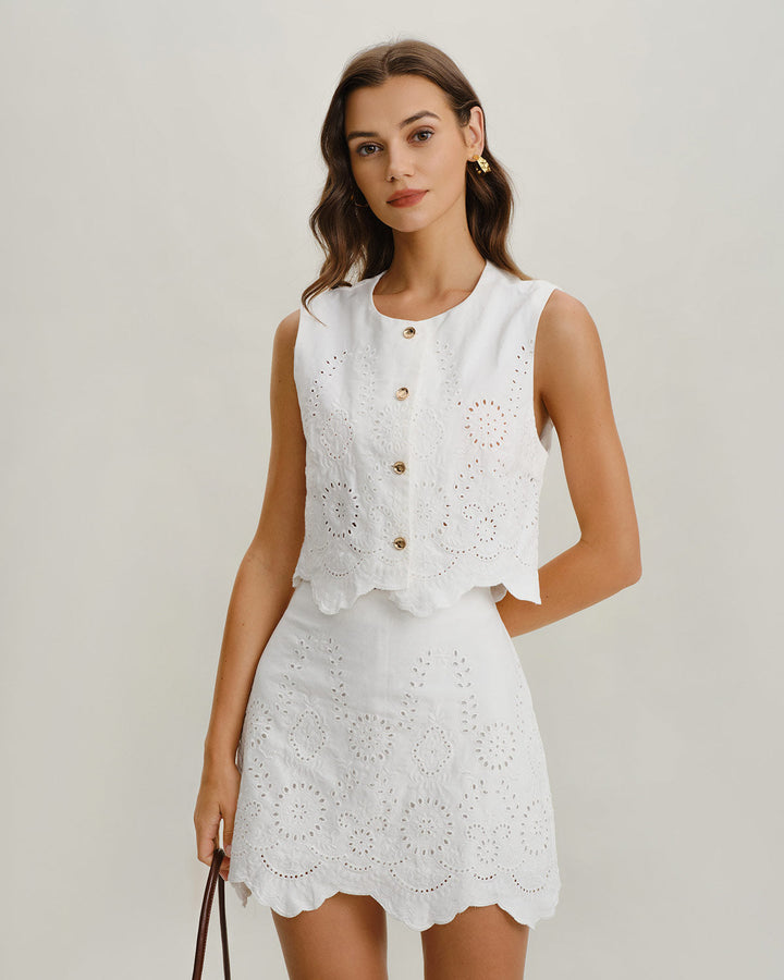 SALE | White Jacquard Single Breasted Vests