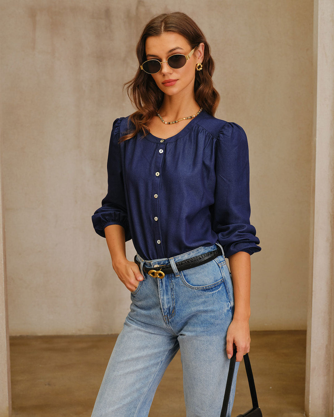 SALE | Navy Round Neck Puffed Sleeve Blouse