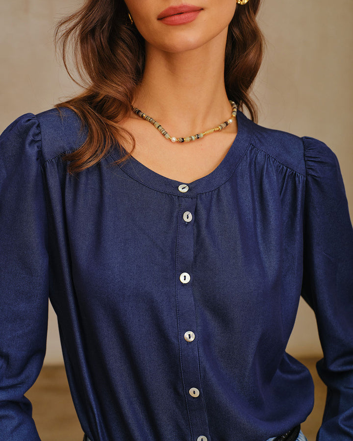 SALE | Navy Round Neck Puffed Sleeve Blouse