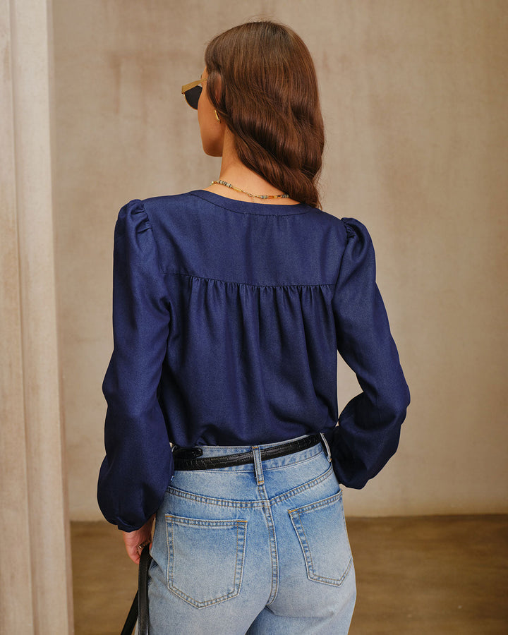 SALE | Navy Round Neck Puffed Sleeve Blouse