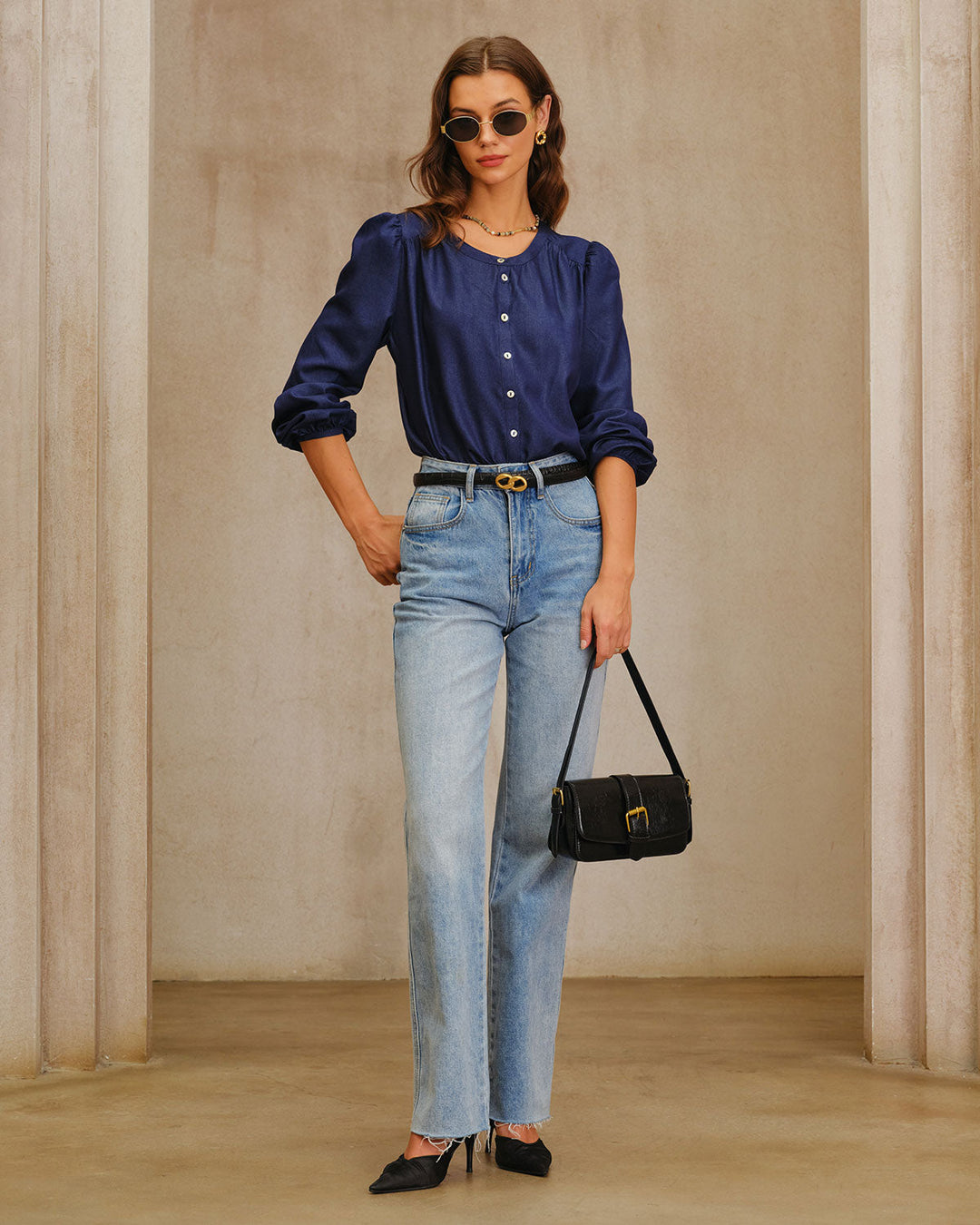 SALE | Navy Round Neck Puffed Sleeve Blouse