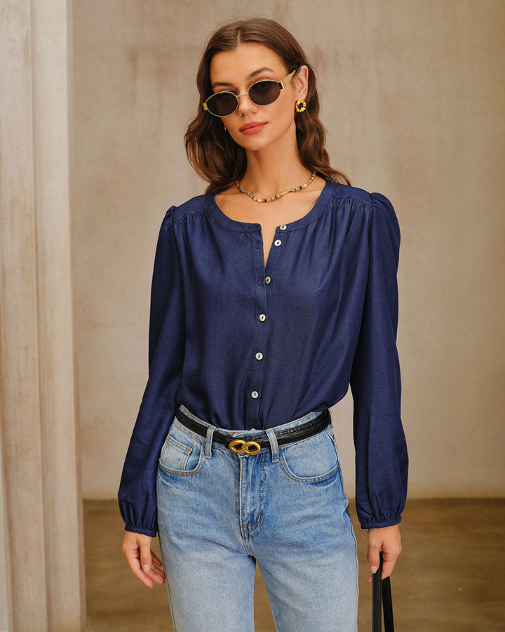 SALE | Navy Round Neck Puffed Sleeve Blouse